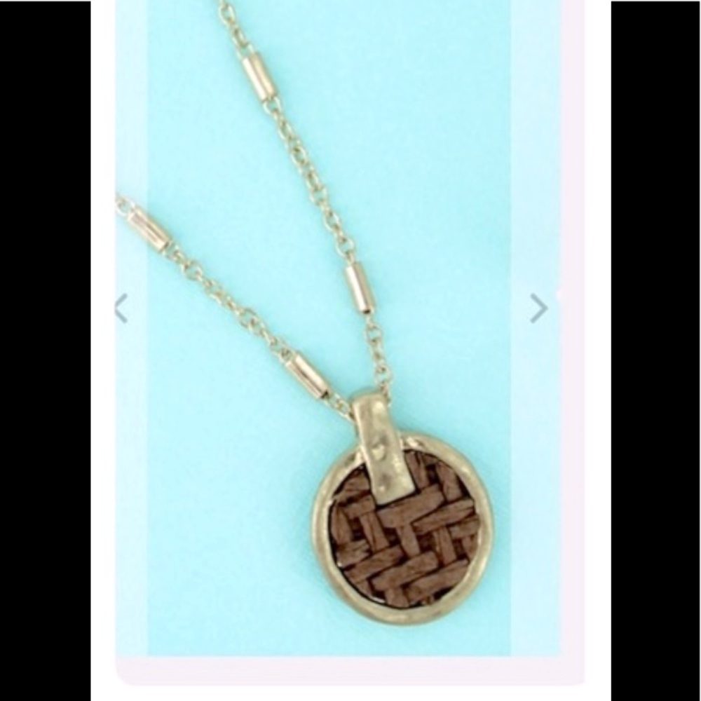 Bella Canvas Gold Toned Necklace with Brown Woven Decorative Pendant